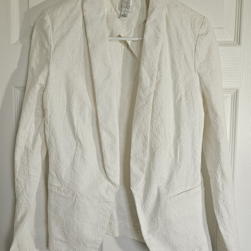 LC Lauren Size 6 Cream Floral Textured Open-Front Blazer